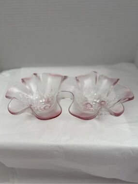 Mikasa Rosella Crystal Double Candy Dish Ruffled Pink Edge Floral Embossed